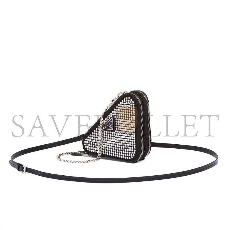 Pra*a triangular embellished satin and leather mini-pouch 1nr015 (15*15*10cm)